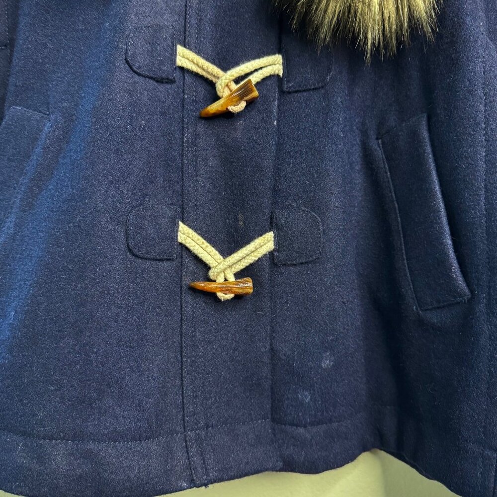 COUNTRY ROAD Wool Hooded Cape Girls 5 Navy Blue Winter Coat Faux Fur Pom Ties - Picture 7 of 12
